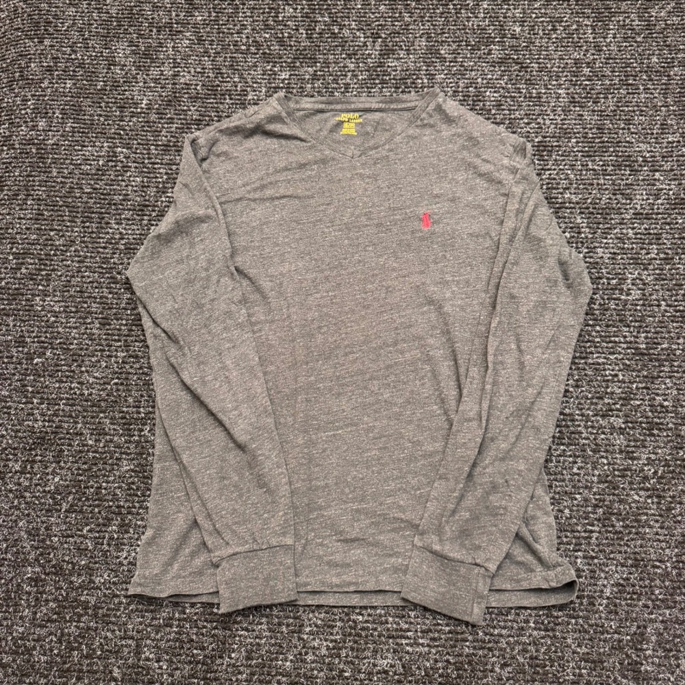 Polo Ralph Lauren Mens V-Neck Long Sleeve T-Shirt Grey Heathered Small Red Pony
